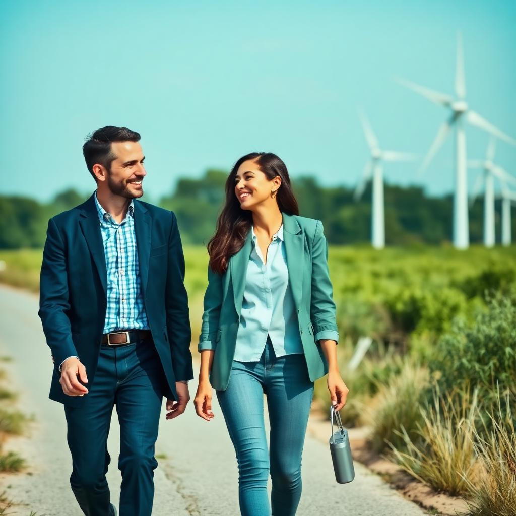 Équipe échangeant en extérieur près d'éoliennes